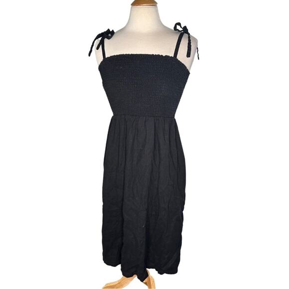 Gap Black Linen Blend Smocked Top Tie Up Bow Straps Summer Dress Short Casual - Picture 1 of 9